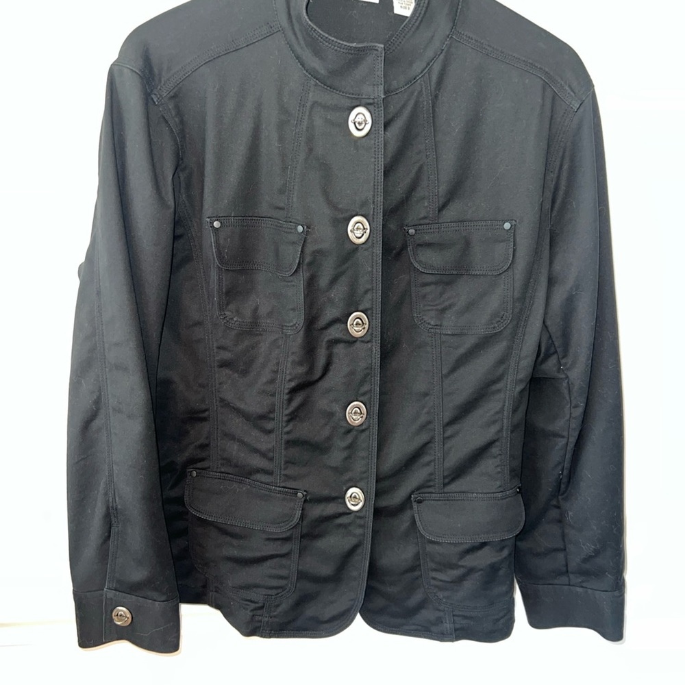 Chico's Classic Black Utility Jacket with Silver Buttons